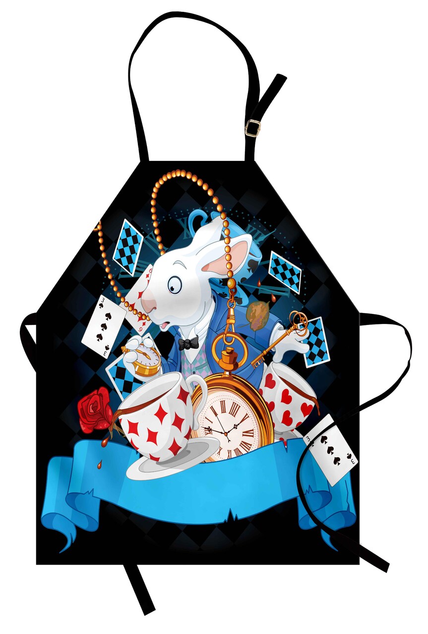 Ambesonne Alice in Wonderland Apron, Rabbit Motion Cups Hearts and Flower Character Alice Cartoon Style, Unisex Kitchen Bib with Adjustable Neck for Cooking Gardening, Adult Size, Multicolor